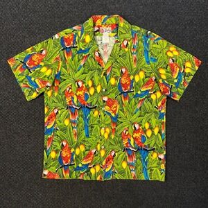 Vintage Hilo Hattie Hawaiian Aloha Shirt Mens L Green Parrot Tropical Resort